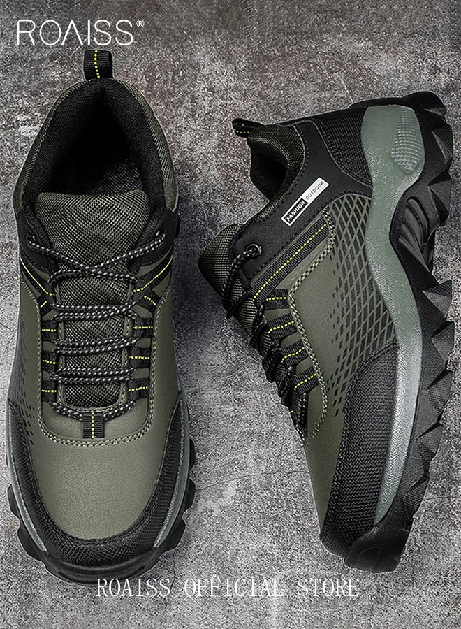 رويس حذاء رجالي كاجوال من الجلد والشبكة يسمح بمرور الهواء، برباط، حذاء رياضي منخفض الرقبة، مريح، غير قابل للانزلاق، متين، ذو مقدمة مستديرة، حذاء للمشي لمسافات طويلة في الهواء الطلق، مناسب للارتداء اليومي، مقاوم للصدمات، لون أخضر - Image 1