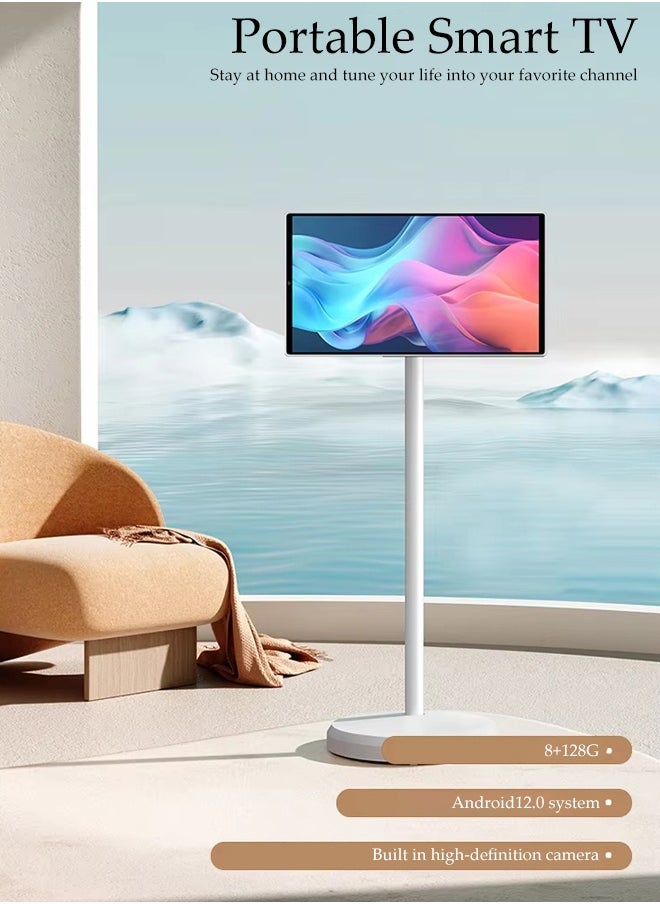 Portable TV，Floor Screen With Adjustable Stand，Rotatable Smart TV Displays，Mobile Touch Screen, Equipped With Casters And Speaker，8G Ram+128G Storage，Suitable For Office, Live Streaming, Teaching, Camping, Entertainment, Fitness，24 Inch
