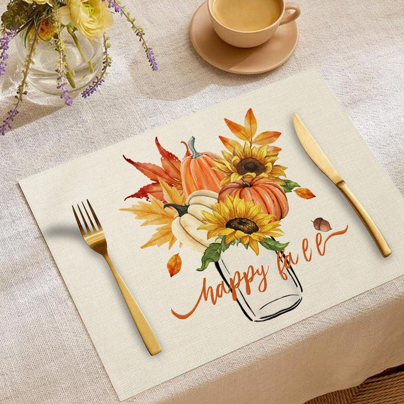 عيد الشكر الجديد Placemat الكتان الخريف ورقة القيقب اليقطين طباعة Placemat منديل ديكور Placemat - Image 1
