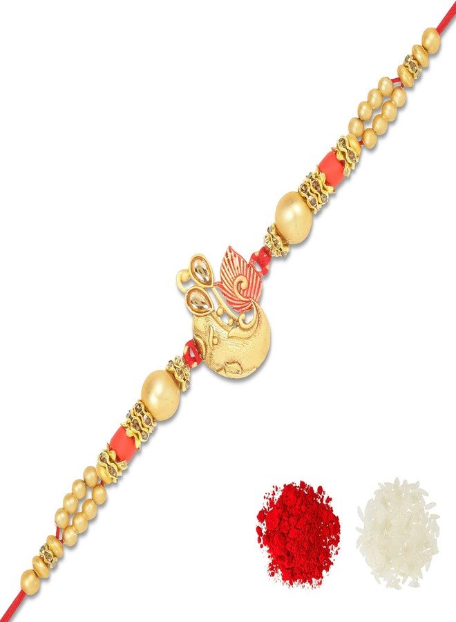 Riddhika Ventures Glorious Gold Plated Meenakari Ganesh Rakhi with Roli Chawal and Greeting Card (K5) - Image 1