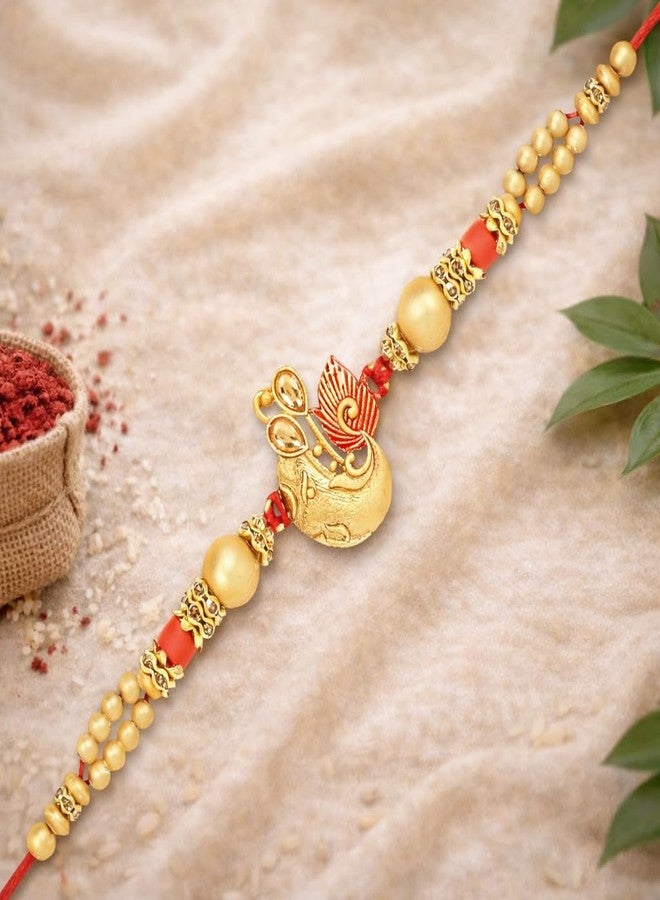 Riddhika Ventures Glorious Gold Plated Meenakari Ganesh Rakhi with Roli Chawal and Greeting Card (K5) - Image 2