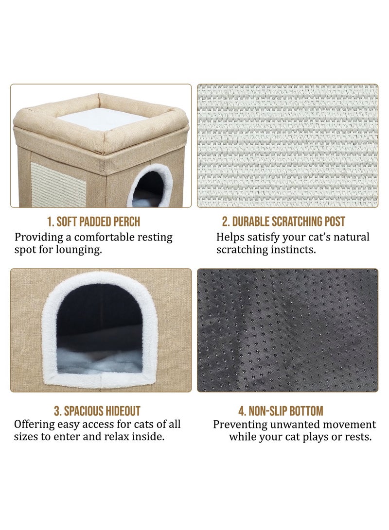 NNC PETS 3-Tier cat bed with Sisal scratching board, Foldable design, Soft plush interior, and Non-slip bottom, Multi-level playhouse for indoor Cats & kittens 65 cm (Khaki) - Image 3