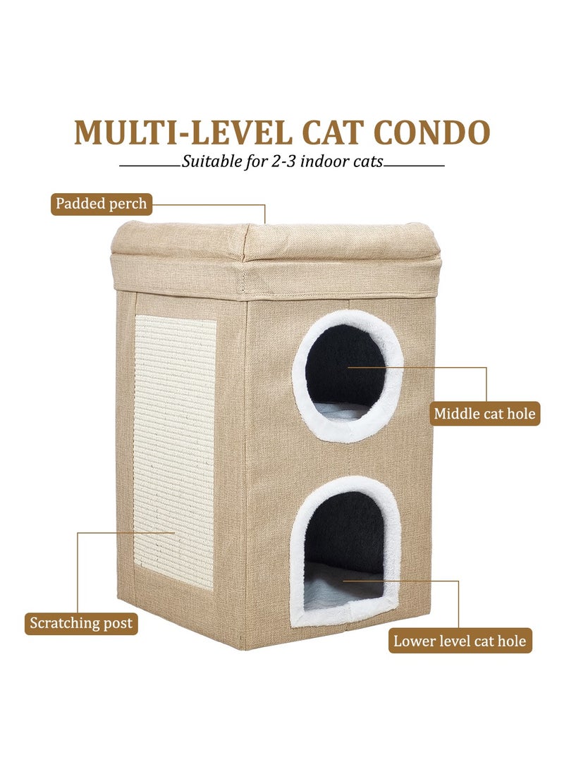 NNC PETS 3-Tier cat bed with Sisal scratching board, Foldable design, Soft plush interior, and Non-slip bottom, Multi-level playhouse for indoor Cats & kittens 65 cm (Khaki) - Image 5