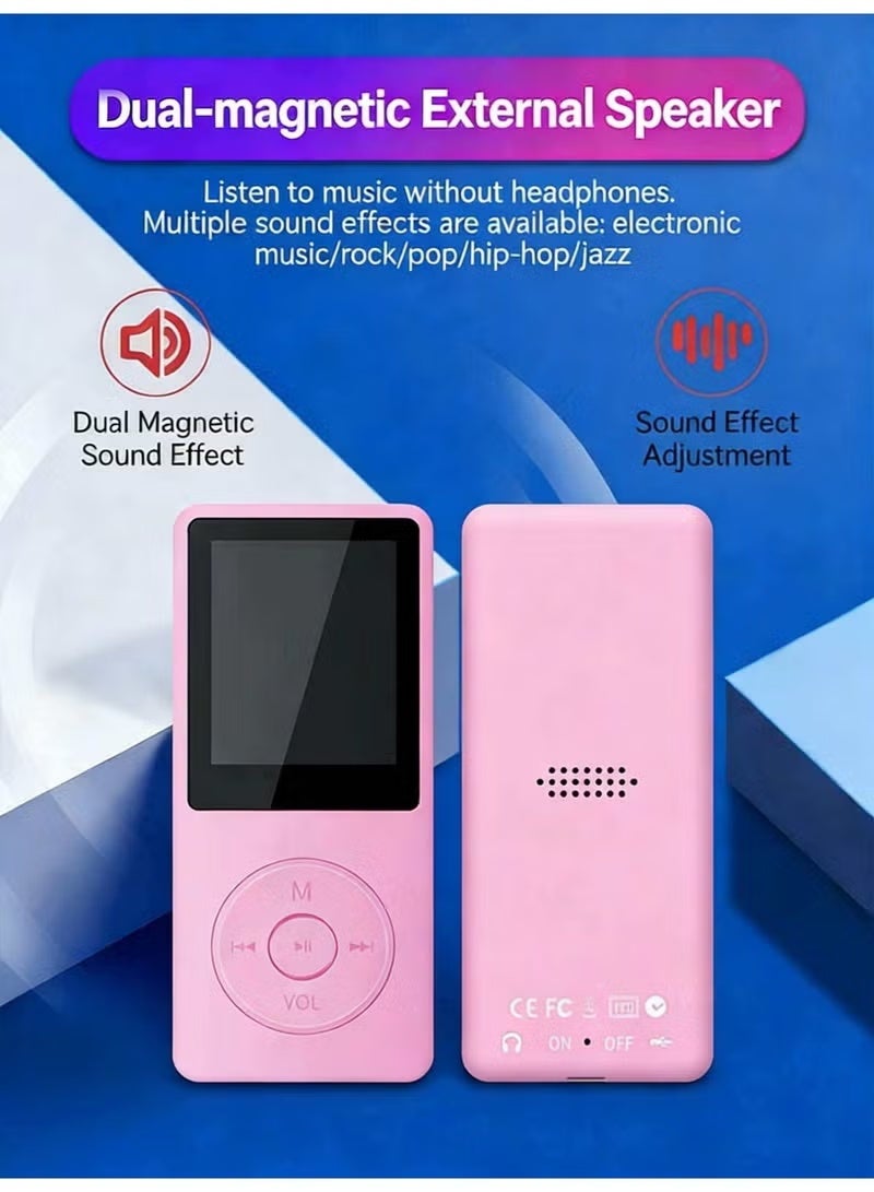 Egolav Bluetooth MP3 player with 64GB memory card, 1.8 inch display, built-in speakers, support for FM radio, recording, e-book compatible. Sports running special gifts friends/classmates/birthday gifts portable media player (pink) - Image 2