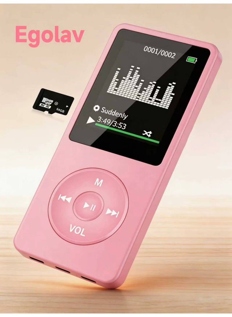 Egolav Bluetooth MP3 player with 64GB memory card, 1.8 inch display, built-in speakers, support for FM radio, recording, e-book compatible. Sports running special gifts friends/classmates/birthday gifts portable media player (pink) - Image 1