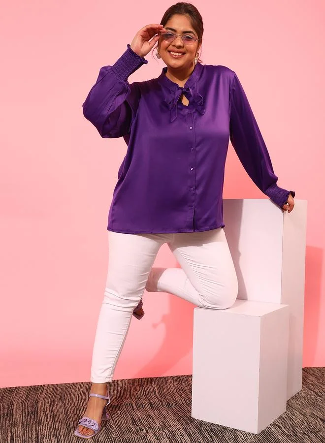 STREET 9 Plus Size Solid Tie-Up Neck Shirt