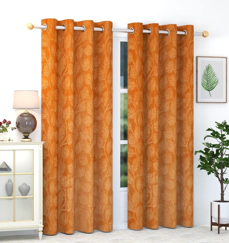 Purav Light Leaf Velvet Room Darkening Door Curtains 7 feet Long for Living Room Bedroom Hall Room, Gold, Set of 2 - Image 1
