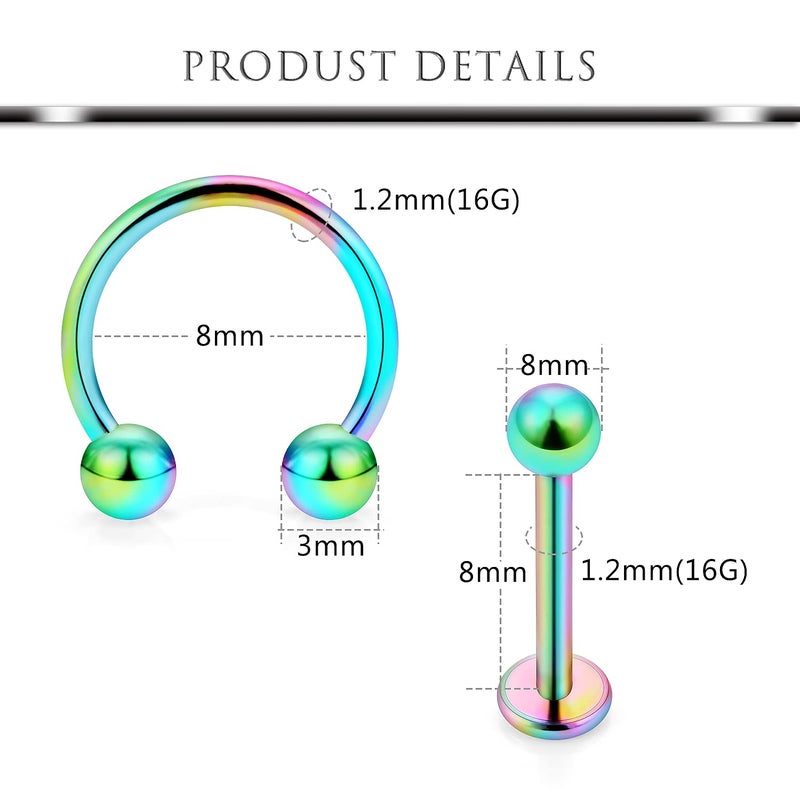 Hoeudjo 16G Surgical Steel Lip Rings Clear Diamond CZ Labret Studs Tragus Horseshoe Ring Helix Hoop Earring Body Jewelry Piercing Retainer for Women Men Rainbow - Image 5