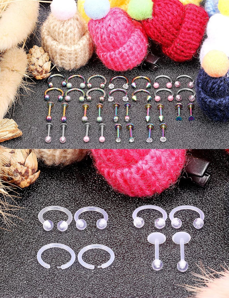 Hoeudjo 16G Surgical Steel Lip Rings Clear Diamond CZ Labret Studs Tragus Horseshoe Ring Helix Hoop Earring Body Jewelry Piercing Retainer for Women Men Rainbow - Image 3