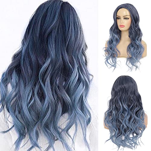 Long Curly Wavy Ombre Blue Wigs for Women Synthetic Natural Middle Part Daily Party Halloween Cosplay Wig 22