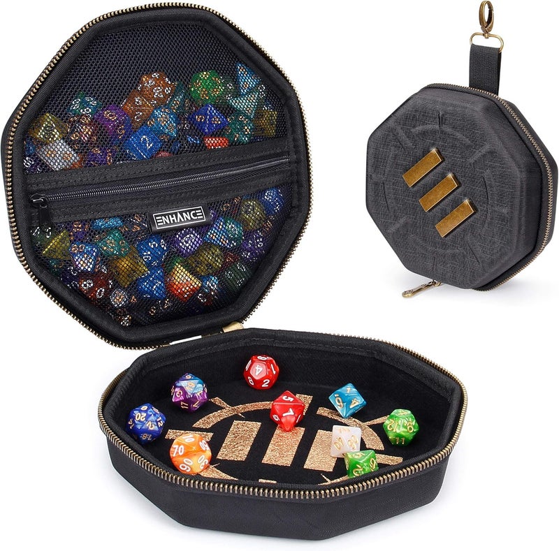 ENHANCE DND Dice Tray and Case - DND Dice Holder for up to 150 D&D Dice with Rugged Hard Shell Exterior and Protective Soft Interior - Rolling Tray Perfect for Game Night (Black) - Image 1