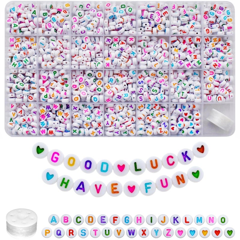 Looconi Amaney 1400pcs Colorful Letter Beads 4x7mm Alphabet A-Z Heart White Flat Round Acrylic Beads and Crystal Line for Jewelry Making Bracelets Necklaces Key Chains (Colorful Heart) - Image 1