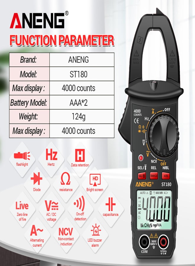 ANENG ST180 4000 Counts Digital Clamp Meter Multimeter Clamp Multimeter Voltmeter Ammeter AC DC Voltage AC Current Meter NCV Tester Universal Meter Tester Current Clamp Tester -30~1000℃ Temperature Resistance Capacitance Frequency Diode Measurement - Image 4