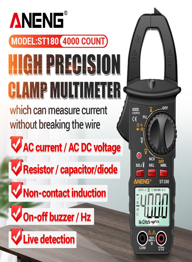 ANENG ST180 4000 Counts Digital Clamp Meter Multimeter Clamp Multimeter Voltmeter Ammeter AC DC Voltage AC Current Meter NCV Tester Universal Meter Tester Current Clamp Tester -30~1000℃ Temperature Resistance Capacitance Frequency Diode Measurement - Image 5