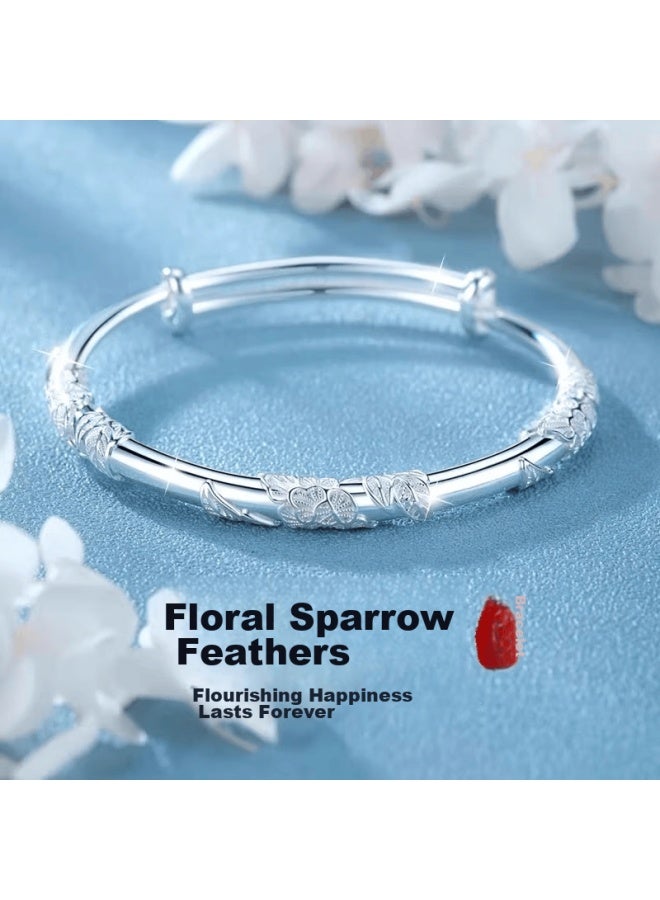 Manhe S999 Sterling Silver Bangle Bracelet For Women With Solid Flower Design, Adjustable Opening, elry Birthday Gift For Wife, Girlfriend, Or Best Friend - Image 1