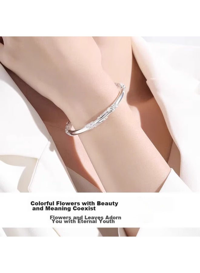 Manhe S999 Sterling Silver Bangle Bracelet For Women With Solid Flower Design, Adjustable Opening, elry Birthday Gift For Wife, Girlfriend, Or Best Friend - Image 2