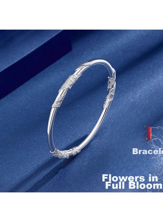 Manhe S999 Sterling Silver Bangle Bracelet For Women With Solid Flower Design, Adjustable Opening, elry Birthday Gift For Wife, Girlfriend, Or Best Friend - Image 3