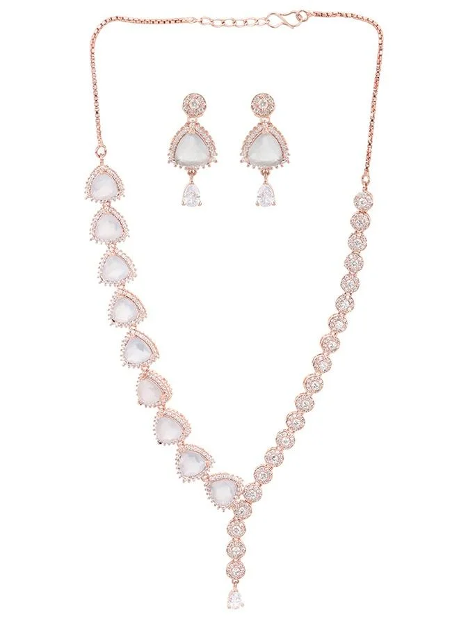 فويلا CZ Rose Gold Plated Pearl Brass Necklace Set with White Stone