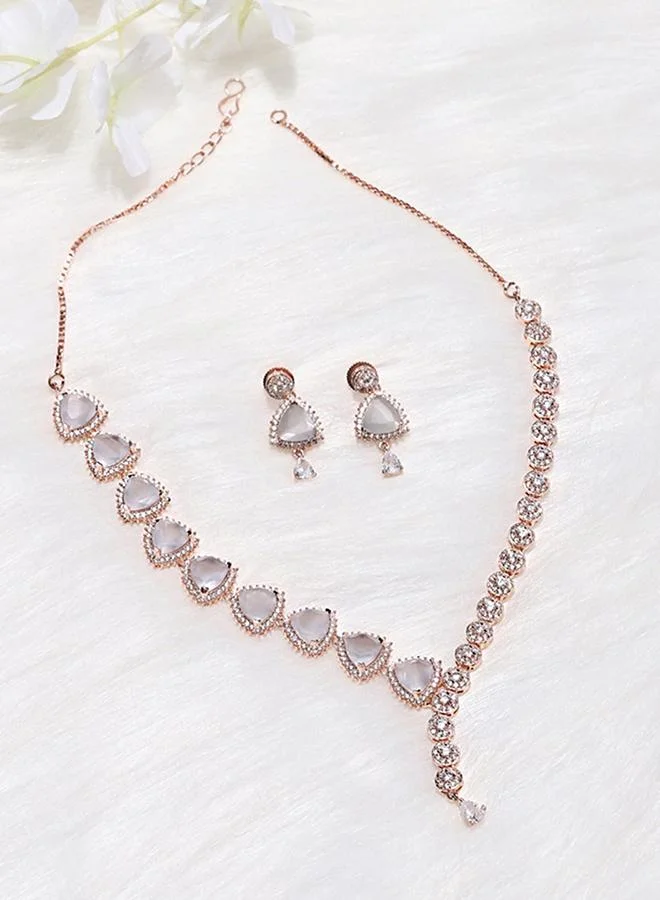 فويلا CZ Rose Gold Plated Pearl Brass Necklace Set with White Stone