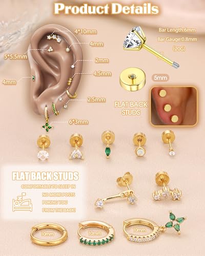 MILACOLATO Hypoallergenic Flat Back Earrings 14K Gold Plated Cartilage Earring Sets for Multiple Piercing 20G Surgical Stainless Steel Earrings for Women Trendy Earring Stacks Small Hoop Flatback Stud Earrings GG - Image 2