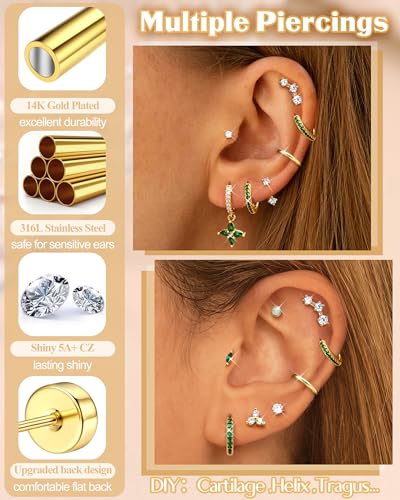 MILACOLATO Hypoallergenic Flat Back Earrings 14K Gold Plated Cartilage Earring Sets for Multiple Piercing 20G Surgical Stainless Steel Earrings for Women Trendy Earring Stacks Small Hoop Flatback Stud Earrings GG - Image 4