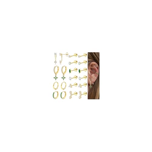 MILACOLATO Hypoallergenic Flat Back Earrings 14K Gold Plated Cartilage Earring Sets for Multiple Piercing 20G Surgical Stainless Steel Earrings for Women Trendy Earring Stacks Small Hoop Flatback Stud Earrings GG - Image 1