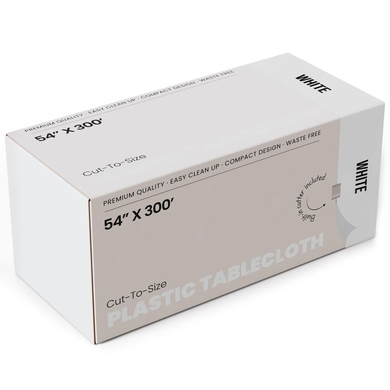 Exquisite Party Solids 54 Inch X 300 Feet Value Pack White Plastic Table Cover Roll in A Cut - to - Size Box with Convenient Slide Cutter. Cuts Up to 36 Rectangle 8 Feet Plastic Disposable Tablecloths - Image 2