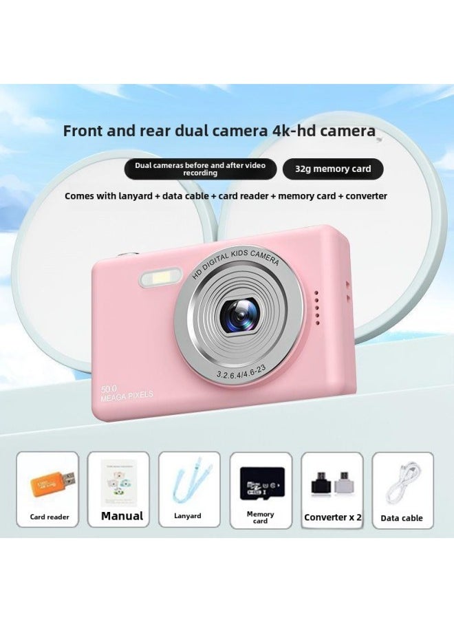 Generic Dual-camera HD Pixel Ccd Digital Camera Self-timer Vlog Small Card Machine Student Campus Introduction To Mobile Phone-Body Color: Xx*6 Shy Powder - Camera + 32g Memory / Can Take 5,000 Photos + 100 Videos  - Image 1