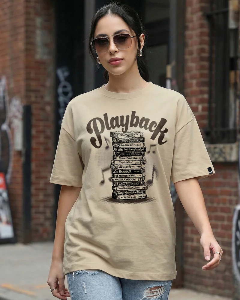 Women's Warm Taupe Brown Placback Time Graphic Printed Oversized T-shirt
