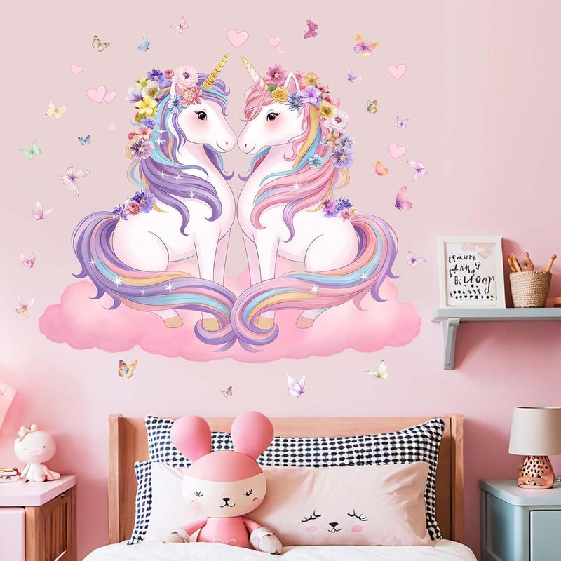 ARS Unicorn Wall Decals for Girls Bedroom: Pink Cloud Heart Wall Stickers - Peel and Stick Vinyl Decor for Girls Kids Room Ages 1-12 Years - Image 1