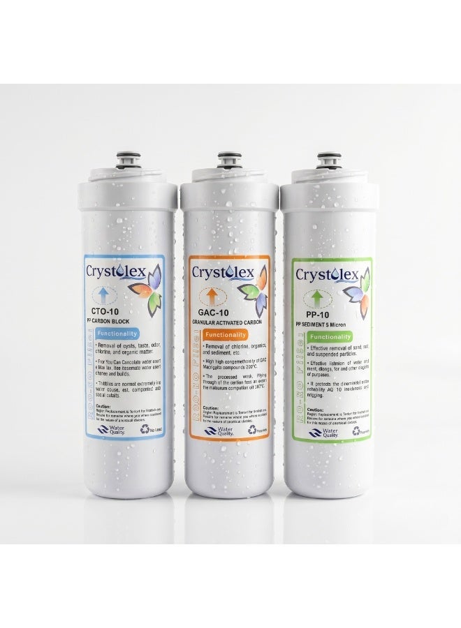 Crystolex (1 SET Pre Filters) Crystolex 10” Bayonet Pre Filter Set for Crystal Pro & Deluxe Nova RO Water Purifiers | PP + GAC + CTO Cartridge Filters | Hygienic Easy Replace 3 Packs - Image 1