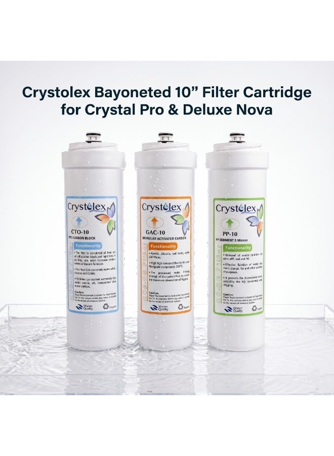 Crystolex (1 SET Pre Filters) Crystolex 10” Bayonet Pre Filter Set for Crystal Pro & Deluxe Nova RO Water Purifiers | PP + GAC + CTO Cartridge Filters | Hygienic Easy Replace 3 Packs - Image 2