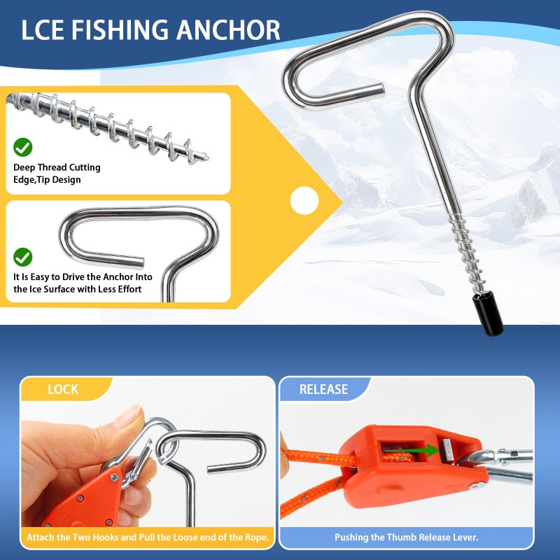 YIBOBO Heavy Duty Ice Anchor Drill Adapter Tool Kit, 19Pcs Stainless Steel Tent Stakes Set with 13FT Ratchet Ropes, Tent Hooks, Canvas Bag for Ice Fishing Shelter Setup (8Pcs Tent Stakes+6Pcs Rope Roller) - Image 3