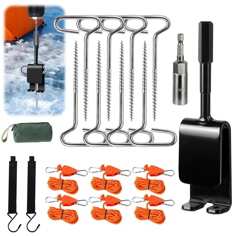 YIBOBO Heavy Duty Ice Anchor Drill Adapter Tool Kit, 19Pcs Stainless Steel Tent Stakes Set with 13FT Ratchet Ropes, Tent Hooks, Canvas Bag for Ice Fishing Shelter Setup (8Pcs Tent Stakes+6Pcs Rope Roller) - Image 1