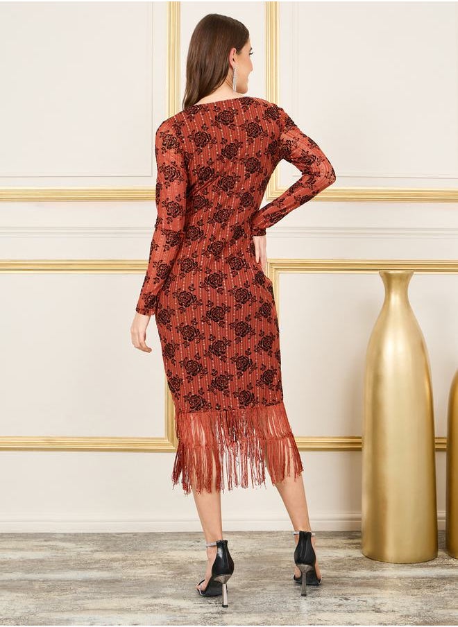 Styli - Floral Jacquard Tassel Asymmetric Hem Midi Dress - Image 1