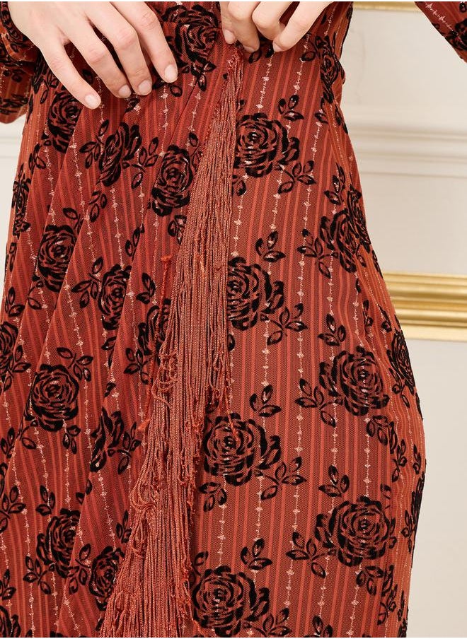 Styli - Floral Jacquard Tassel Asymmetric Hem Midi Dress - Image 1