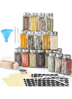 24 Pcs Glass Spice Jars with Labels - 4oz Empty Square Spice Bottles Containers, Condiment Pot, Shaker Lids and Airtight Metal Caps - Silicone Collapsible Funnel