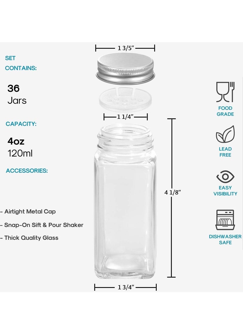 Generic - 24 Pcs Glass Spice Jars with Labels - 4oz Empty Square Spice Bottles Containers, Condiment Pot, Shaker Lids and Airtight Metal Caps - Silicone Collapsible Funnel - Image 1