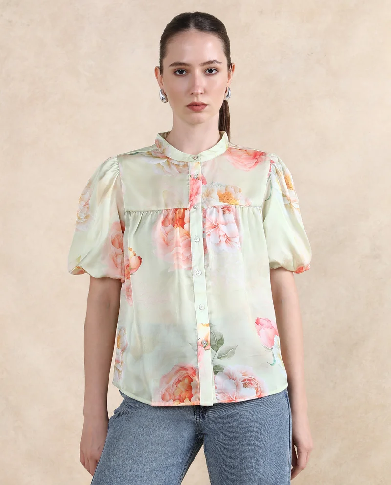 Rareism Women's Floral Printed Chiffon Satin Top