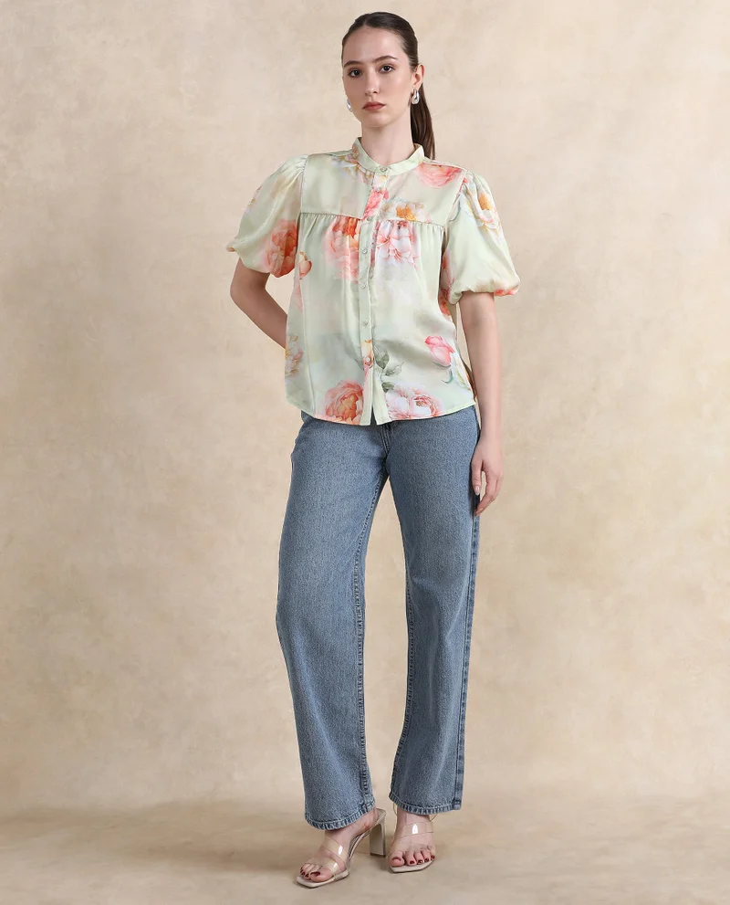 Rareism Women's Floral Printed Chiffon Satin Top