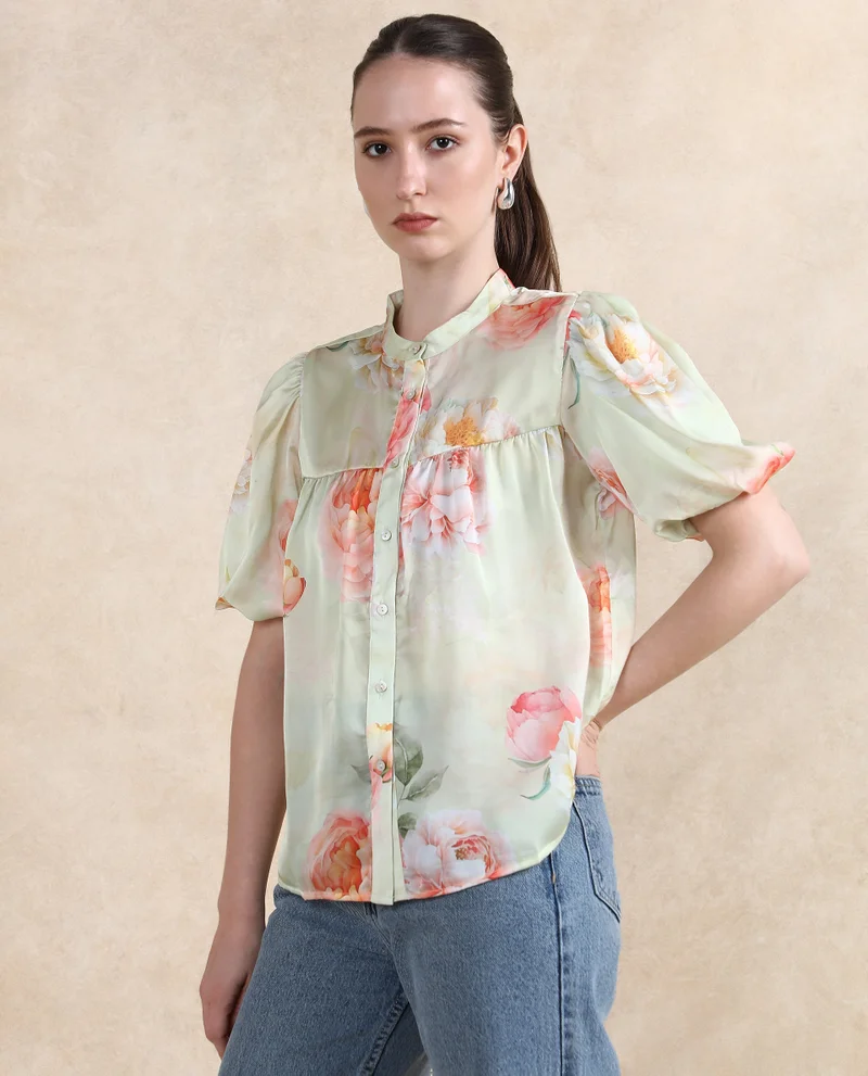Rareism Women's Floral Printed Chiffon Satin Top