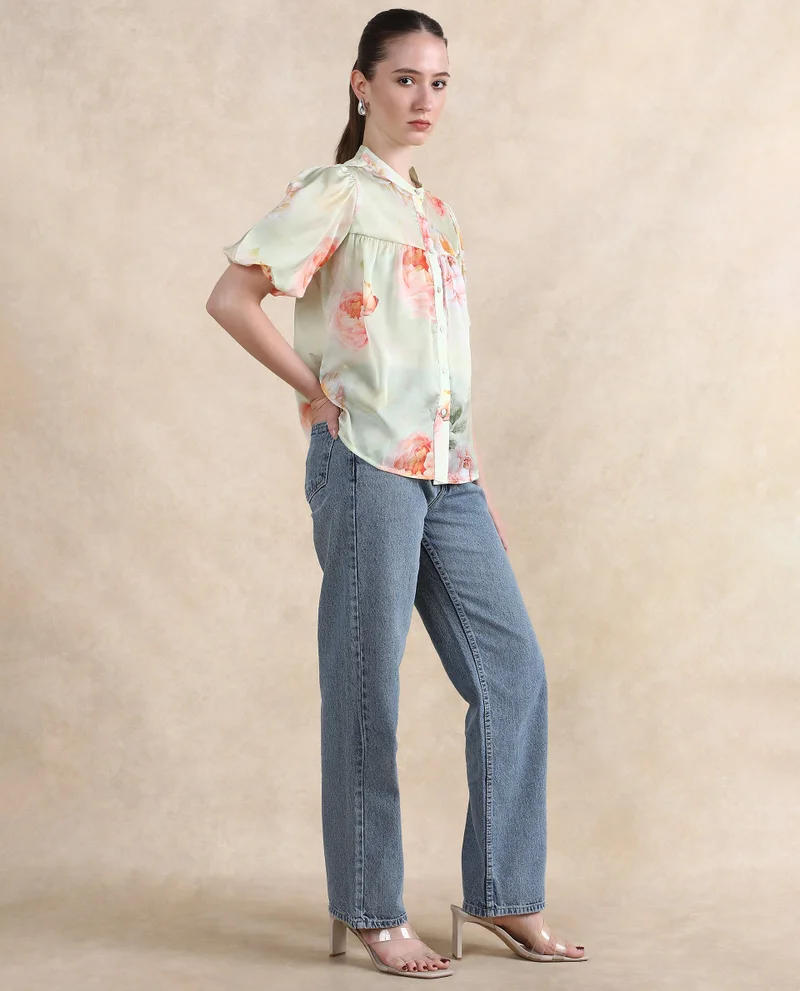 Rareism Women's Floral Printed Chiffon Satin Top