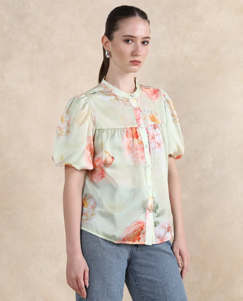 Rareism Women's Floral Printed Chiffon Satin Top