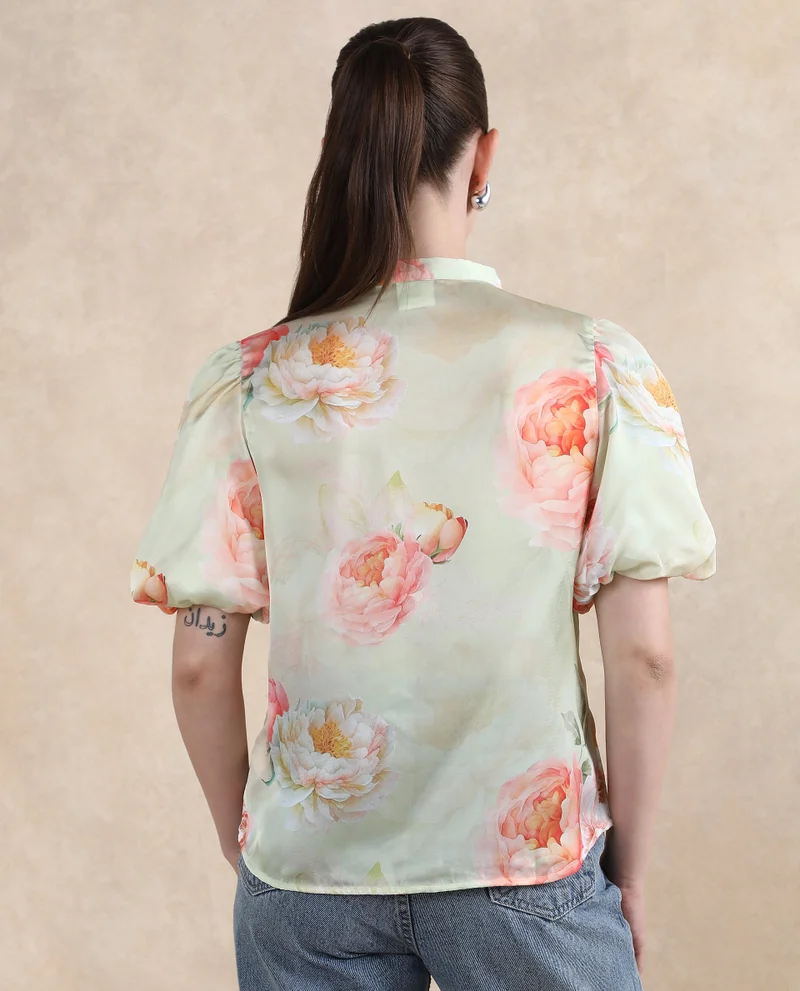 Rareism Women's Floral Printed Chiffon Satin Top