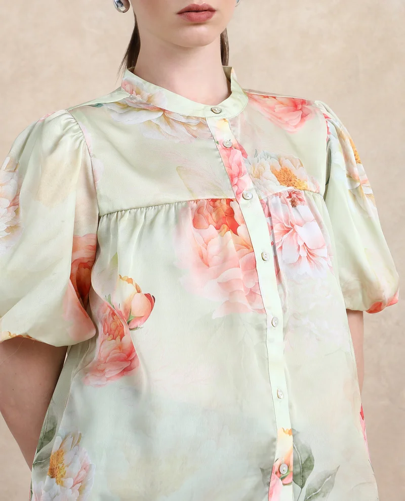 Rareism Women's Floral Printed Chiffon Satin Top
