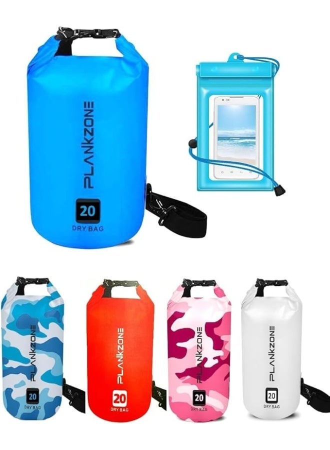 Plankzone Waterproof Dry Bag Roll Top Compression Sack, 20L, Blue, Lightweight Foldable with Floating Waterproof Phone Pouch for Kayaking, Beach, Rafting, Boating, Hiking, Camping, Fishing - Image 1