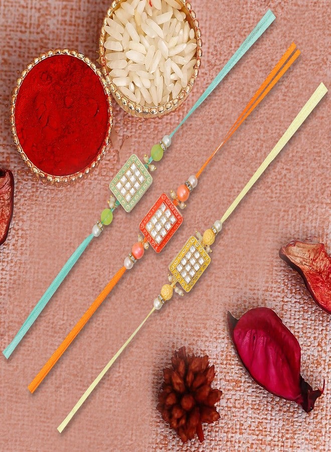 Vientiq Multicolor Stone Thread Rakhi Combo Set of 3 for Brother Designer Rakhi for Rakshabandhan with Roli Chawal - Image 2