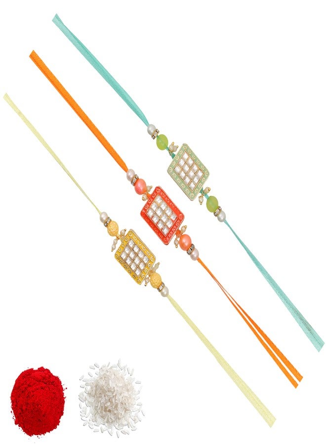 Vientiq Multicolor Stone Thread Rakhi Combo Set of 3 for Brother Designer Rakhi for Rakshabandhan with Roli Chawal - Image 1