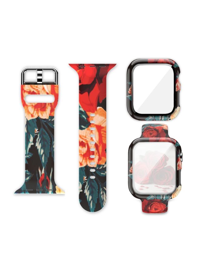 BURAQ Protective Cover Silicone Printing Integrated Watch Case Watch Band For Apple Watch Series 7  41mm / & 6 & SE & 5 & 4 40mm  (Red Rose)