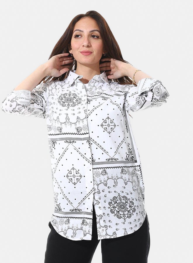 Andora Self Pattern High-Low Shirt_White & Black - Image 1